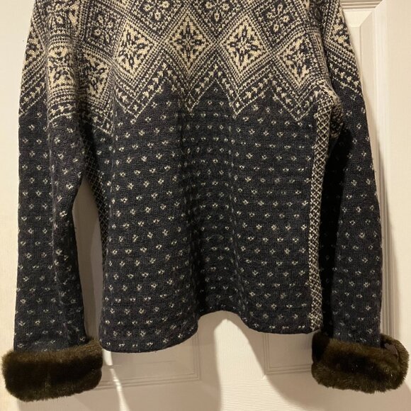 VTG Lauren Ralph Lauren Fair Isle Wool Full Zip Sweater Faux Fur Collar/Cuffs-PM - Picture 4 of 13